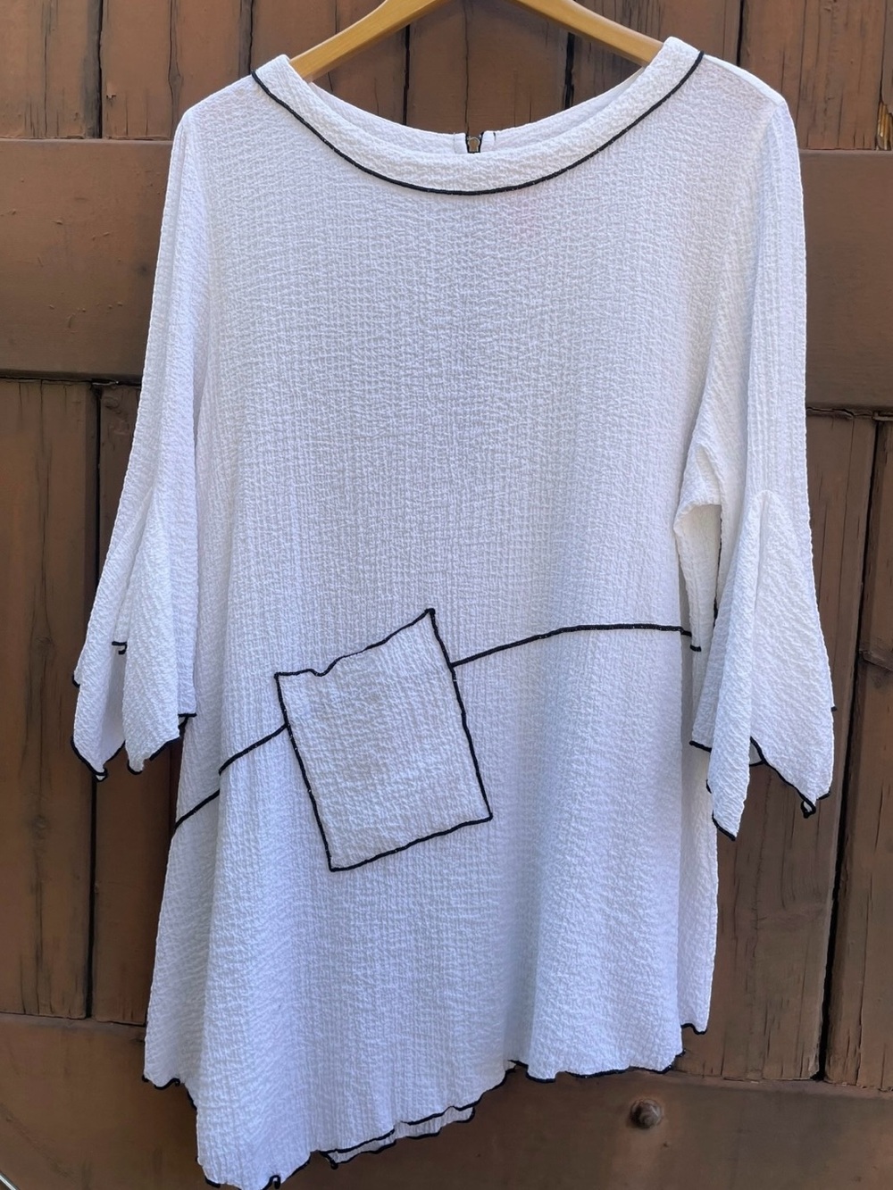 Ali Miles White Crinkle Lagenlook Art to Wear Tunic Top Piping Accent Sz L